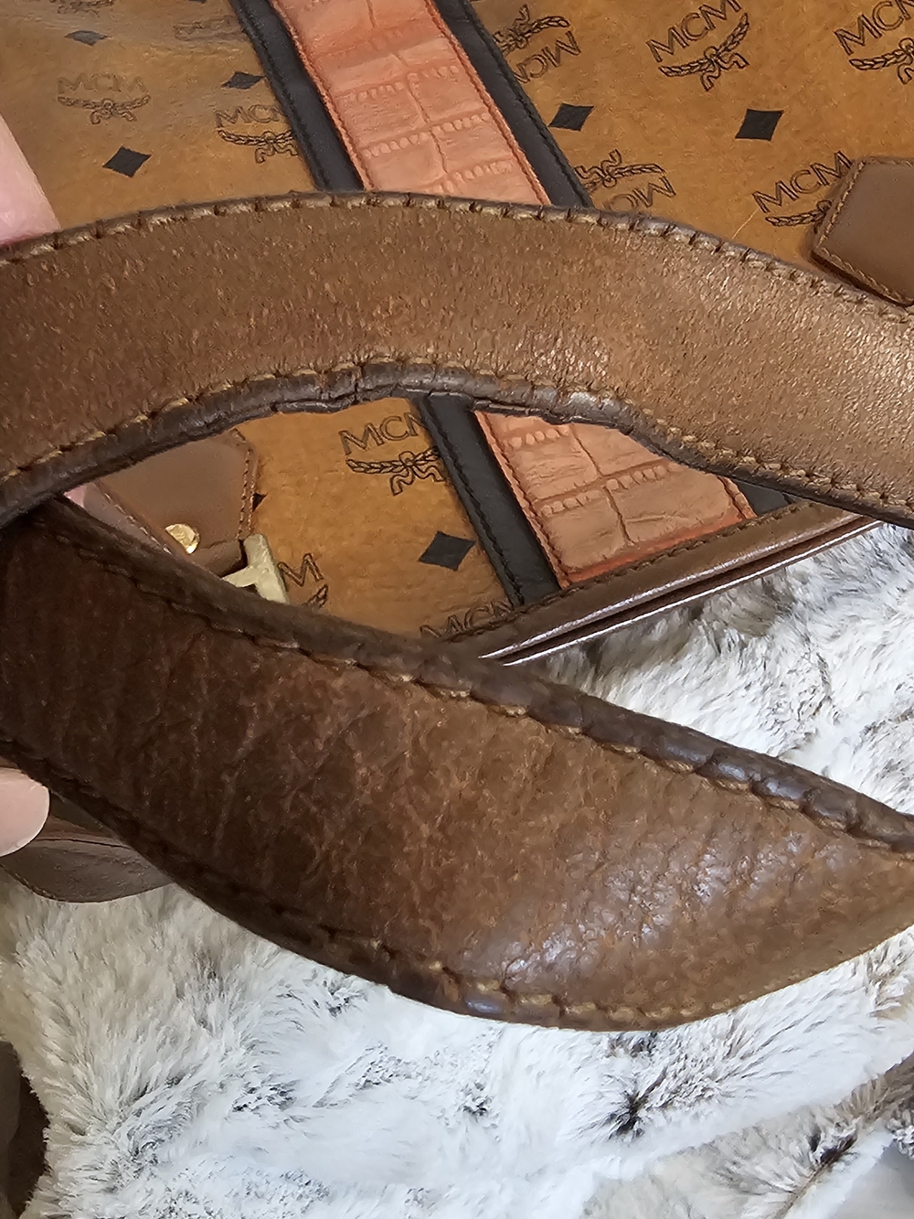 MCM Cognac Monogram Tote with Pink Center Stripe - Picture 15 of 16